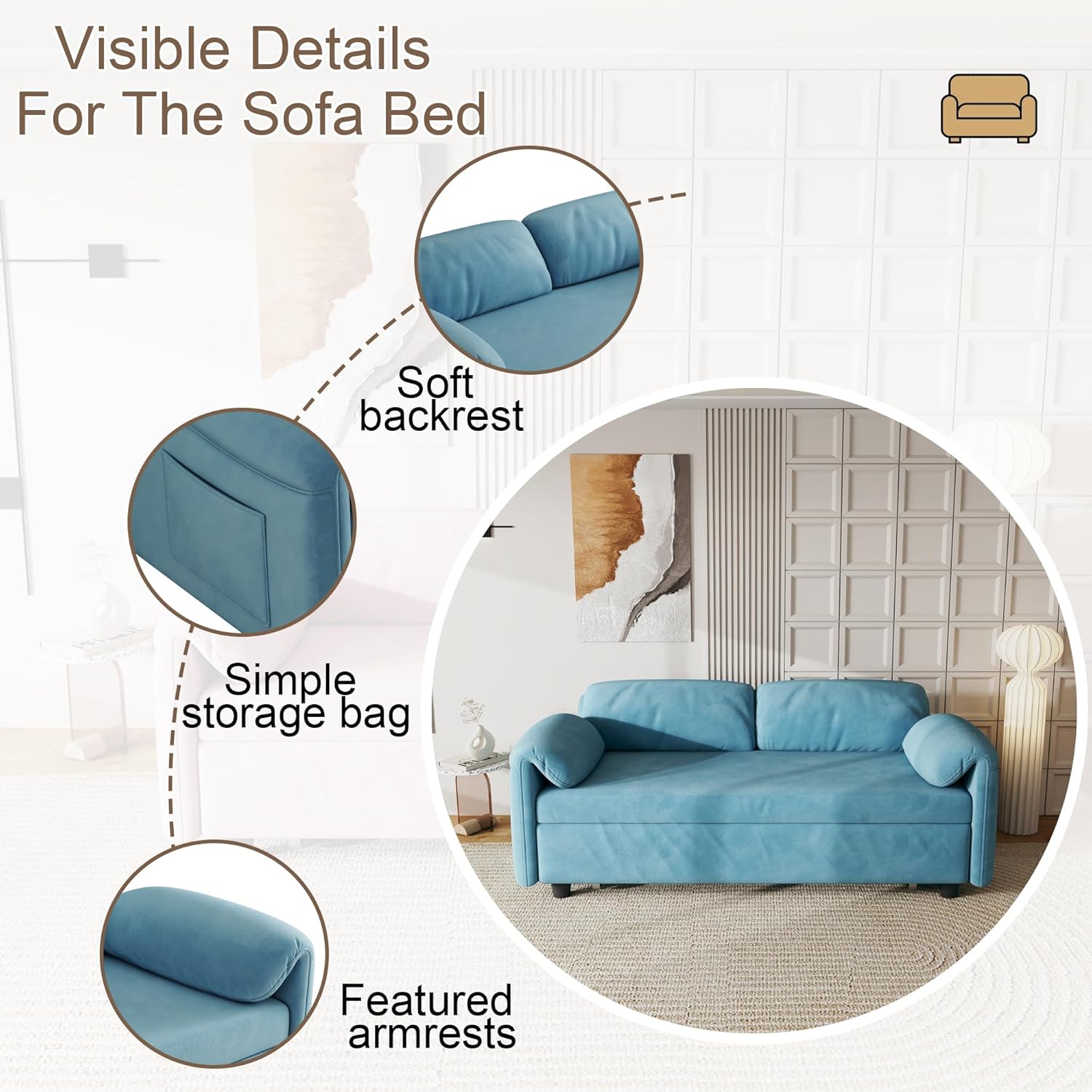 Convertible Sleeper Sofa with Pullout Bed, Upholstered Velvet Mini Couch w/Adjsutable Backrest & Side Pockets, 54" W Modern Sofa&Couches Futon Loveseat Single Recliner for Small Space, Blue