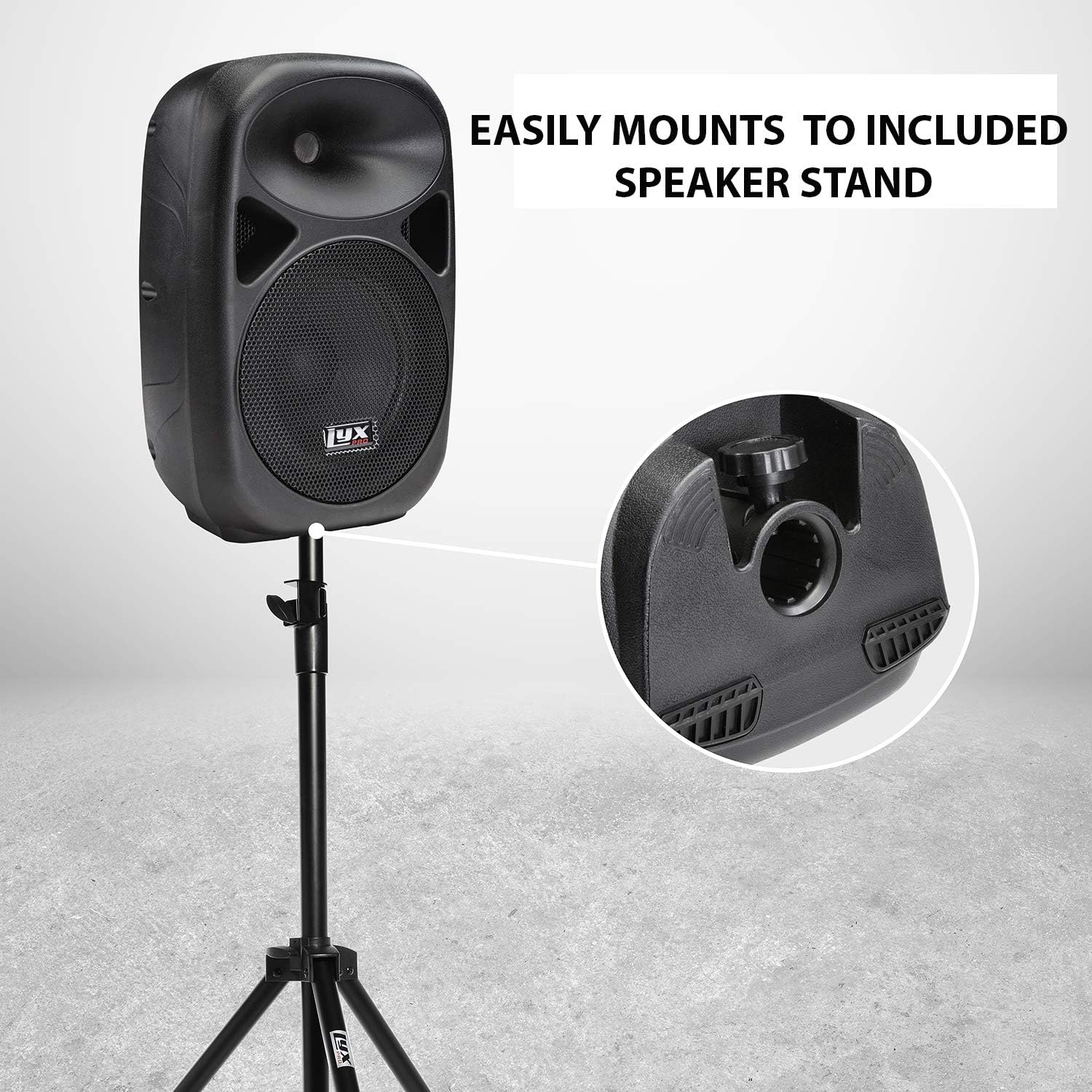 LyxPro SPA15 15 Portable PA Speaker System With Metal Tripod Stand Combo Kit Power Active Power Amplifier Equalizer Bluetooth SD Slot USB MP3 XLR 1/4 1/8 3.5mm Inputs Remote Control Carry Handles