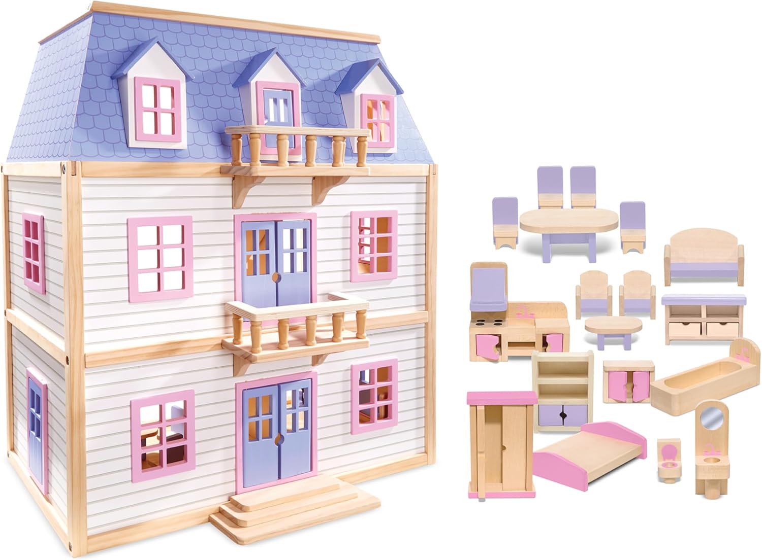 Melissa & Doug Modern Wooden Multi-Level Dollhouse With 19 pcs Furniture [White]