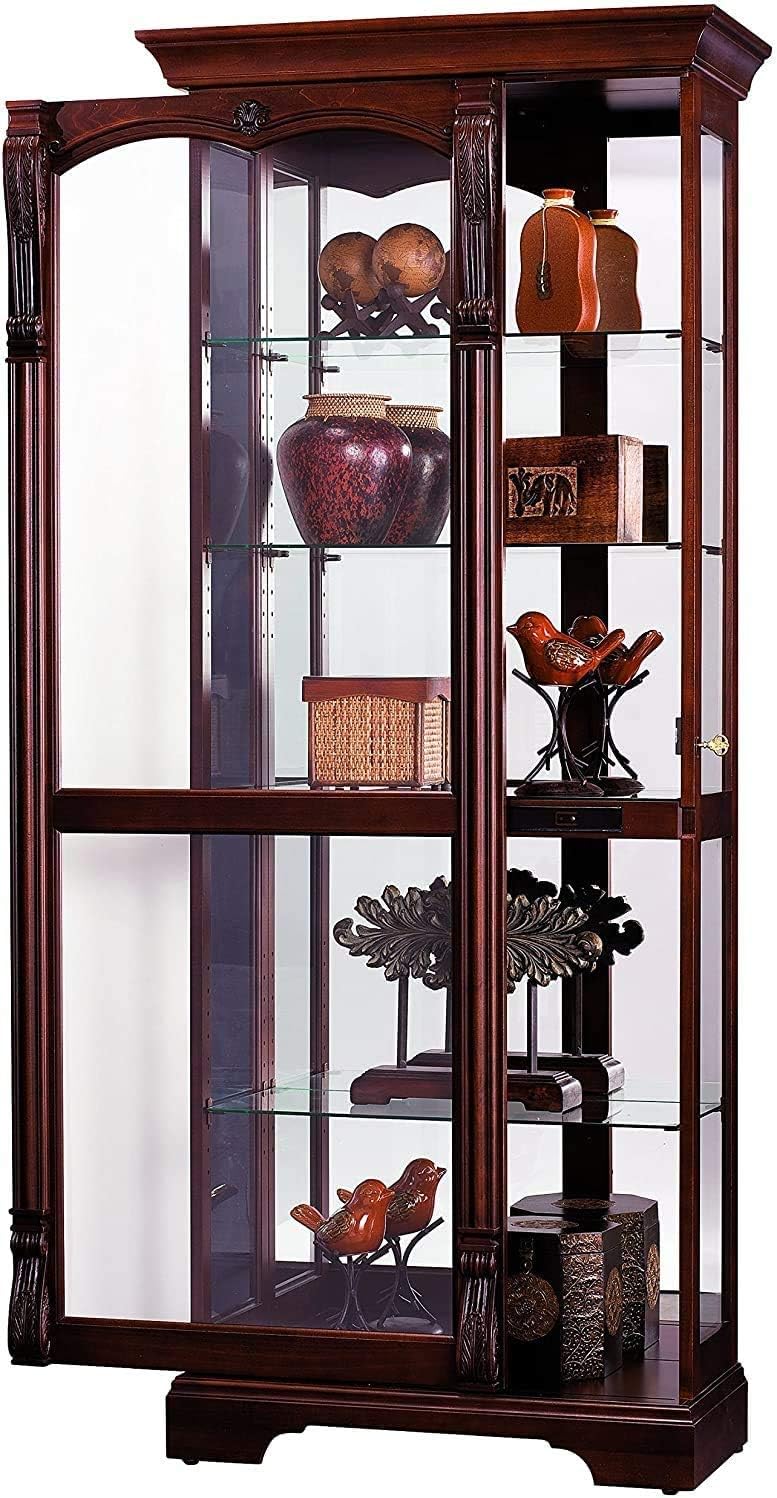 Howard Miller Bernadette Curio Cabinet 680-501 – Hampton Cherry Finish, Heavily Distressed Home Decor, Four Glass Shelves, Five Level Display Case, Locking Slide Door, Halogen Light