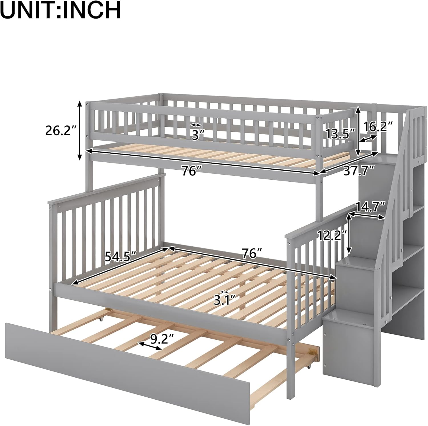 Bunk Beds with Trundle, Wood Space Saving Design Stairway Twin Over Full Bunk Bed Frame with Storage, Convertible to 2 Separated Beds, No Box Spring Needed, Gray