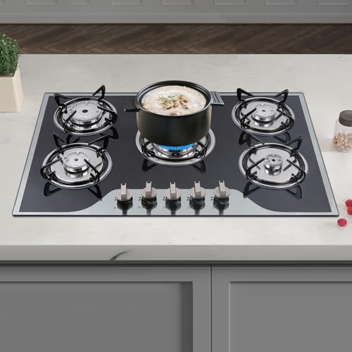 30" Gas Cooktop LPG/NG, 5 Burners Gas Stove Gas Hob Stovetop, Built-in Gas Stove Top, Thermocouple Protection, Stainless Steel Gas Hob with Power Boil, Simmer, Continuous Grates