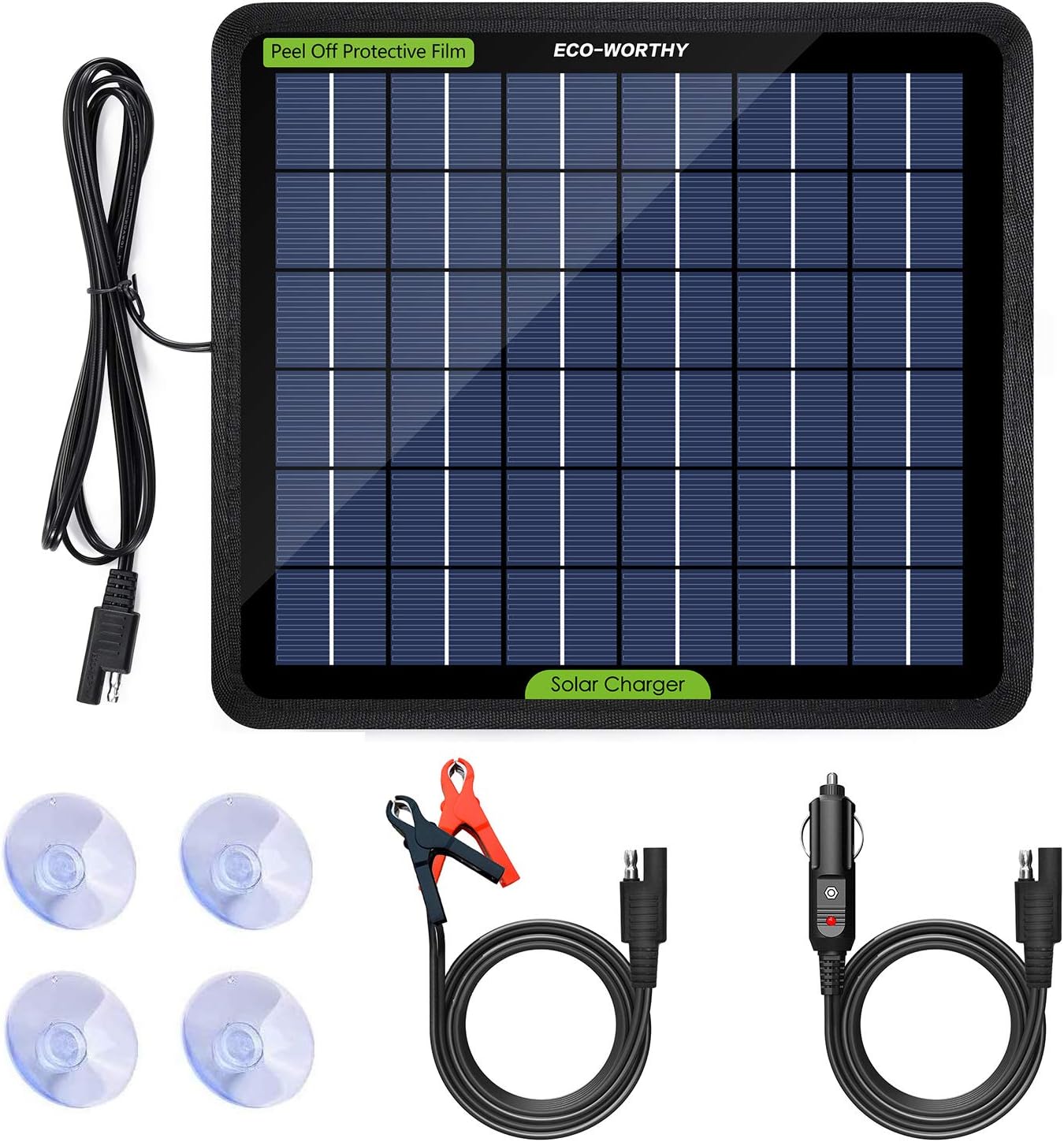ECO-WORTHY 12 Volt 10 Watt Solar Car Battery Charger & Maintainer, Solar Panel Trickle Charger, Portable Power Backup Kit with Alligator Clip Adapter for Car, Boat, Automotive, Motorcycle, RV