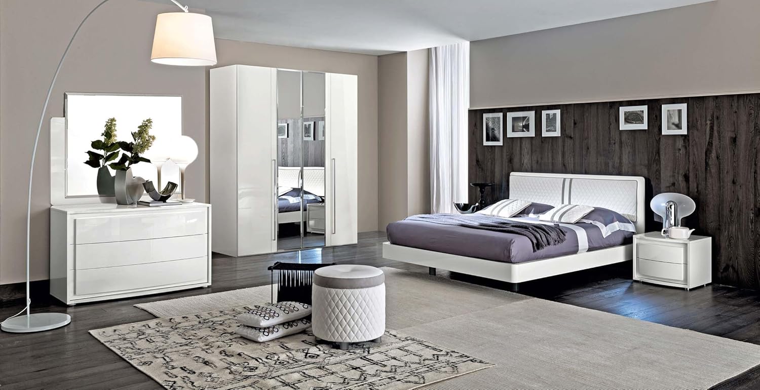 DAMA Bianca Modern Platform Bedroom 5 Pcs Bedroom Set Including Queen Bed, Single Dresser, Mirror and 2 Nightstand in White by ESF