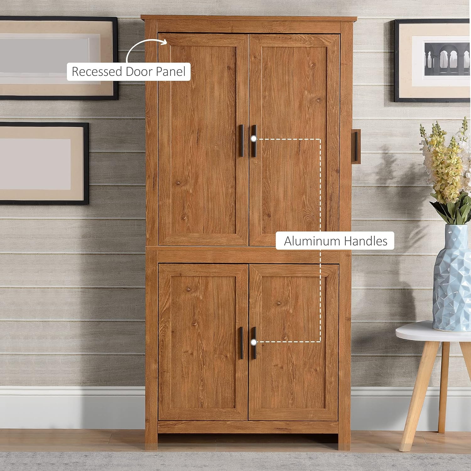 64" 4-Door Kitchen Pantry, Freestanding Storage Cabinet with 3 Adjustable Shelves for Kitchen, Dining or Living Room, Oak
