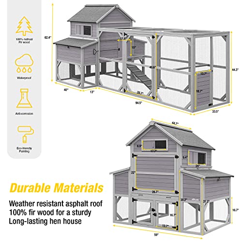 Aivituvin Extra Large 137in Chicken Coop for 8-10 Chickens,Outdoor Wooden Hen House Poultry Cage Large Run with 6 Nesting Boxes, 6 Perches