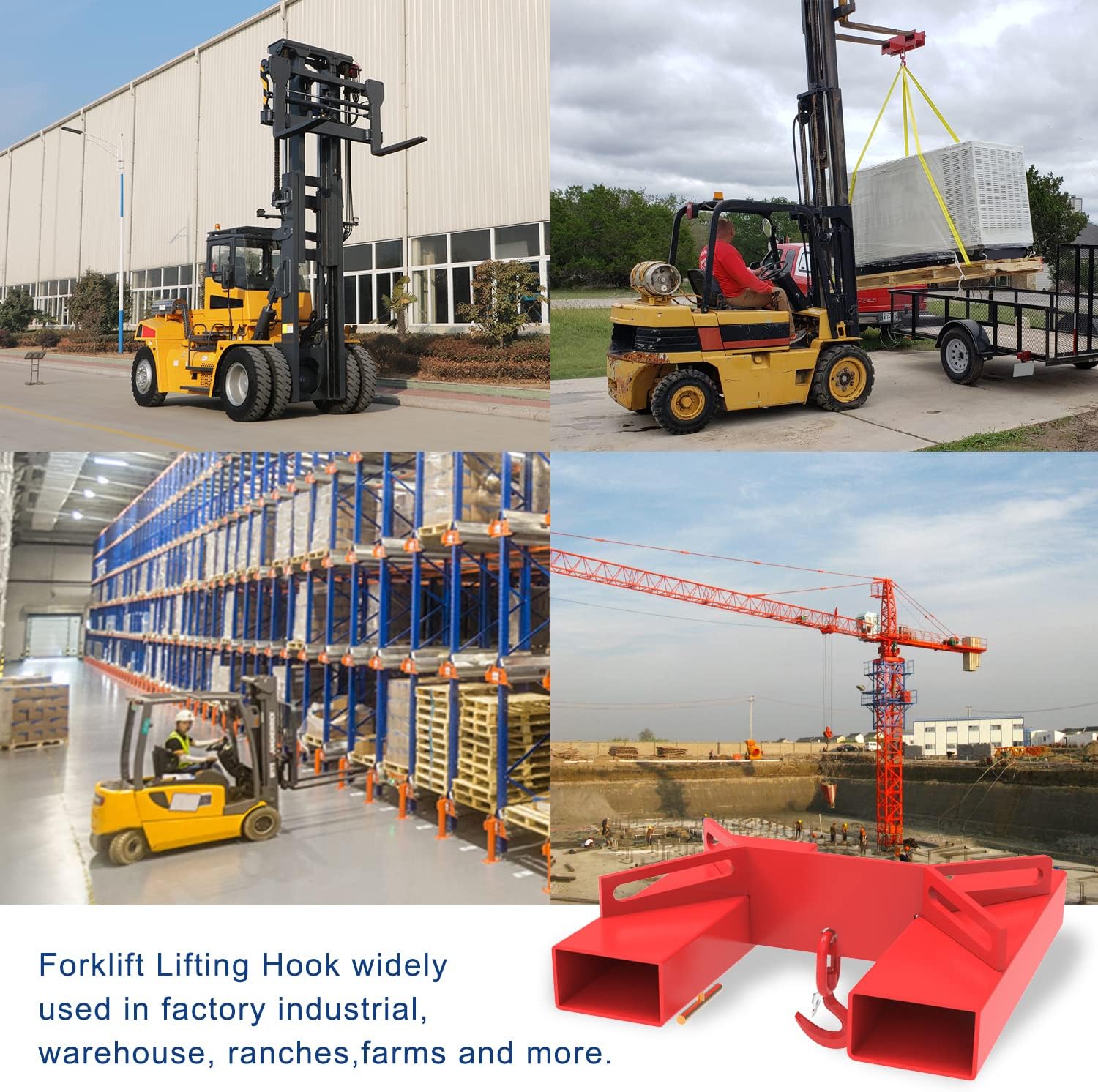 ELITEWILL Forklift Lifting Hook, 6600lbs Capacity Forklift Lifting Hoist, Red Forklift Mobile Crane with Swivel Hook and Two Large T-Screws, Hook Forklift Lifting Hoist, Fork Lifting Attachment