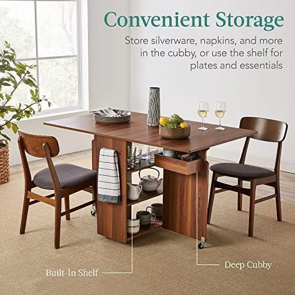 HJZUINIUNIU Folding Dining Table  Multipurpose Collapsible Drop Leaf Extension  Versatile Space Saving Desk  w/Wheels  3  Shelves  Metal Handle - Brown