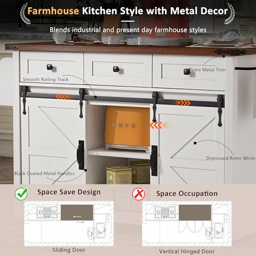 Amposei Farmhouse Kitchen Island on Wheels with Drop Leaf & Power Outlet, 53.7-Inch Rolling Storage Island Cart with Drawers, Sliding Barn Door Cabinets, Spice Rack (Retro White)