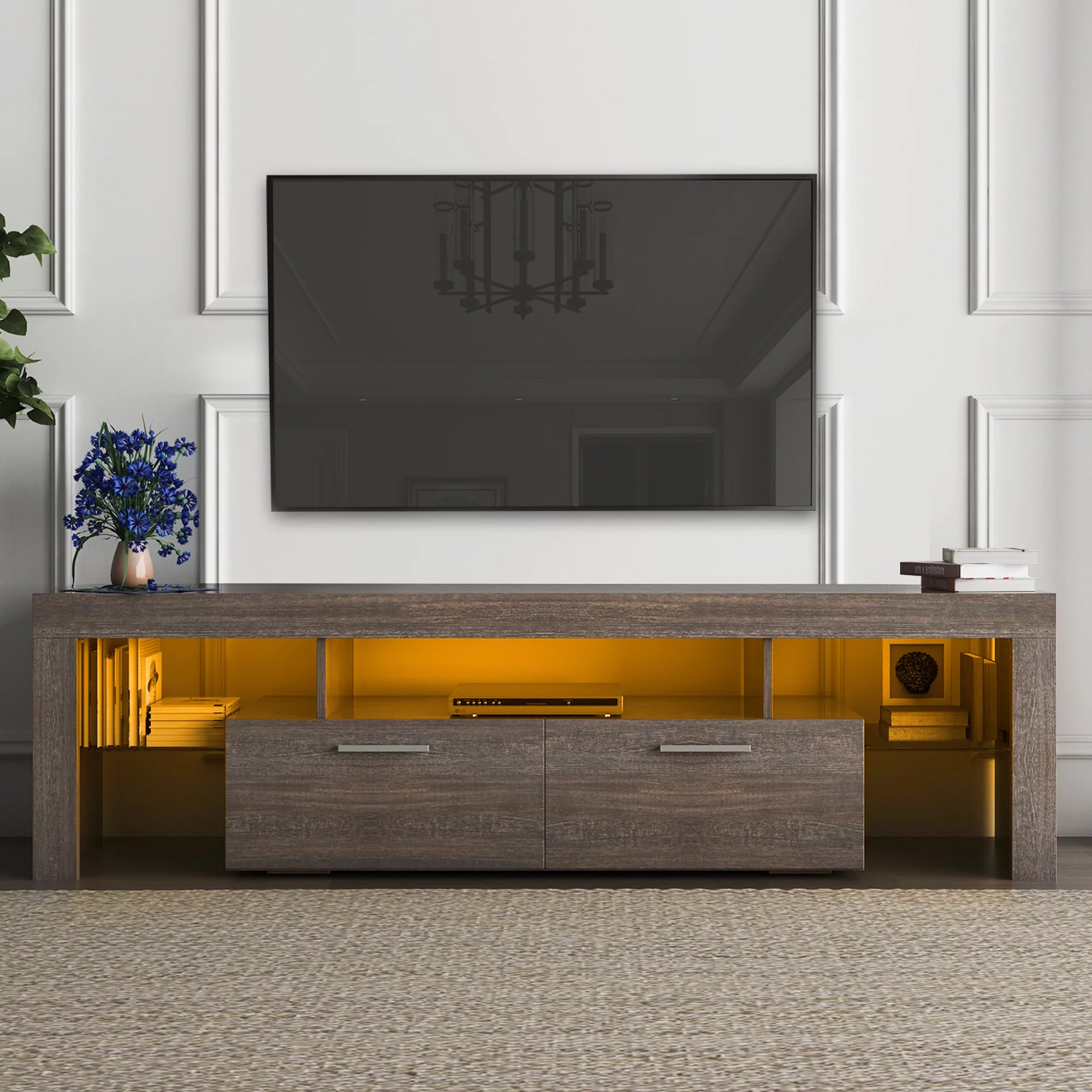 SYNGAR Brown TV Stand for Living Room up to 70" TV, Farmhouse TV Console Table Buffet Cabinet with Storage, Rustic Wooden TV Cabinet with 16-Color LED Lights, Entertainment Center, 63"L×14"W×18"H