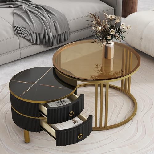 Modern Round Coffee Table, Nesting Table with Brown Tempered Glass and High Gloss Marble Tabletop, Glass Coffee Table for Living Room, Bedroom, Apartment (Golden Black)