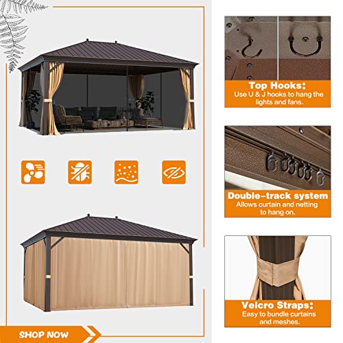 MELLCOM 12'x16' Hardtop Gazebo, Galvanized Steel Metal Double Roof Canopy with Curtains and Netting, Brown Permanent Pavilion Gazebos with Aluminum Frame for Garden, Patio, Lawns, Deck