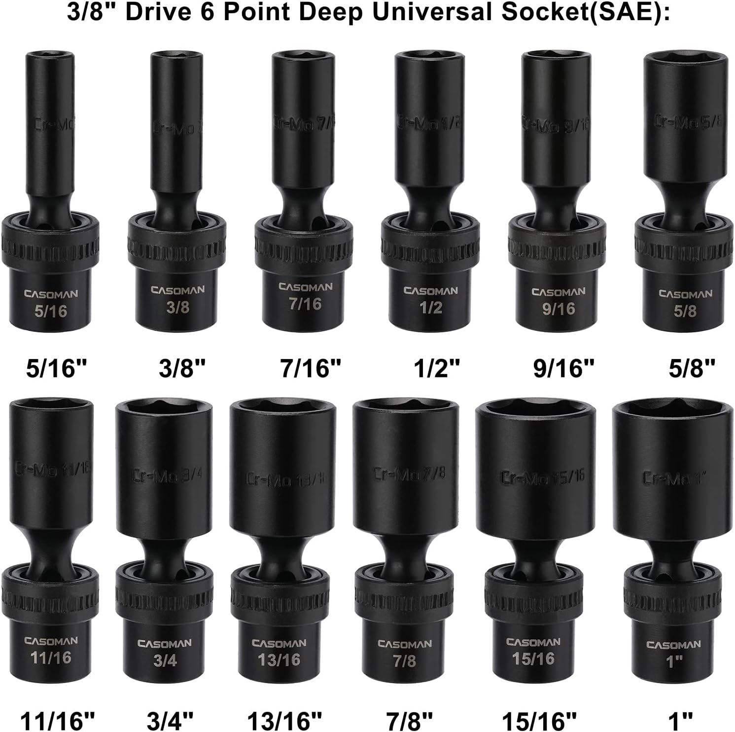 CASOMAN 15 PCS 3/8" Drive Shallow Universal Impact Socket Set, 6 Point, Metric,8-22mm