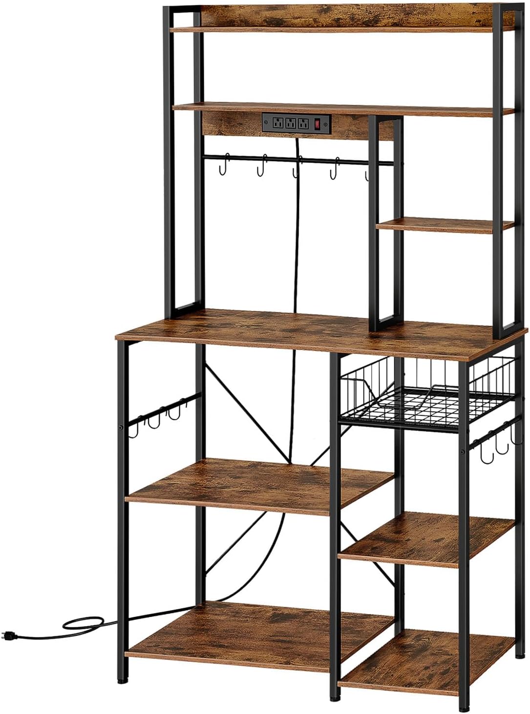 Kitchen Bakers Rack with Power Outlet, Microwave Stand with Multiple Shelves, Floor Standing Bakers Rack, Coffee Bar with Mesh Basket, for Kitchen, Dining Room, Rustic Brown and Black THB01UBF