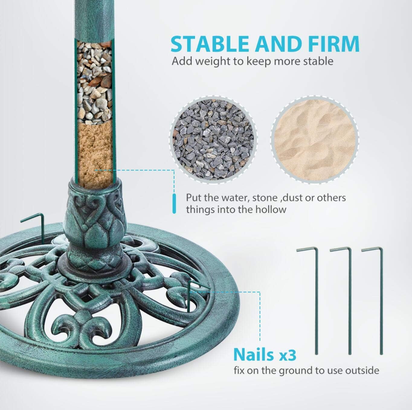 VIVOHOME Outdoor Green Garden Bird Bath and Solar Powered Round Pond Fountain & 30 Inch Height Wrought Iron Bird Cage with Rolling Stand