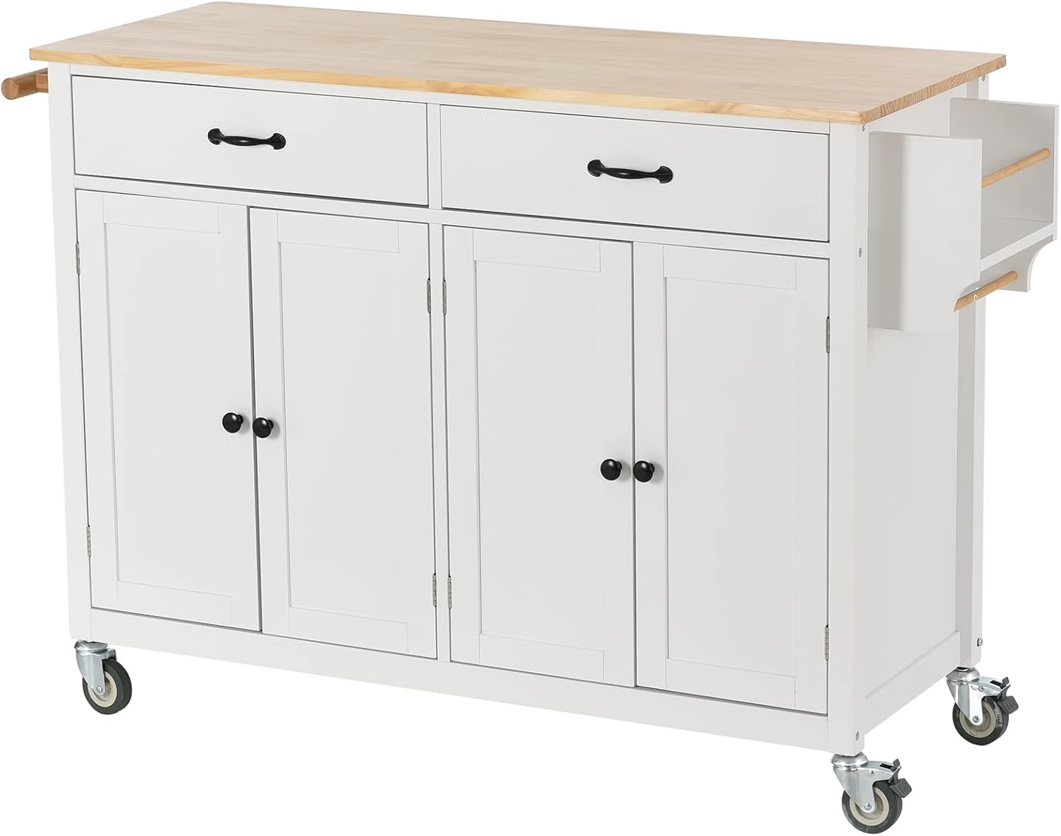 LUMISOL Rolling Kitchen Island Cart with Solid Wood Top for Kitchen, Mobile Storage Cart on Wheels with 2 Drawers and 4 Door Cabinet, White