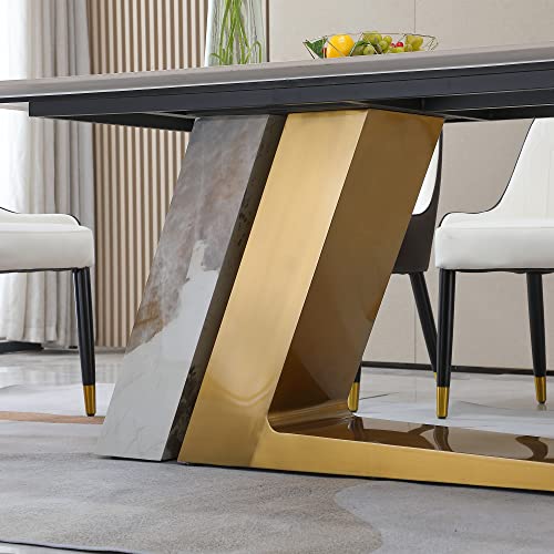 Sintered Stone Dining Table for 6-8, Modern Rectangular Kitchen Table with Z-Shaped Gold Stainless Steel Base, Luxury Pandora Brown+White Dining Room Table Noble Hotel Dining Table