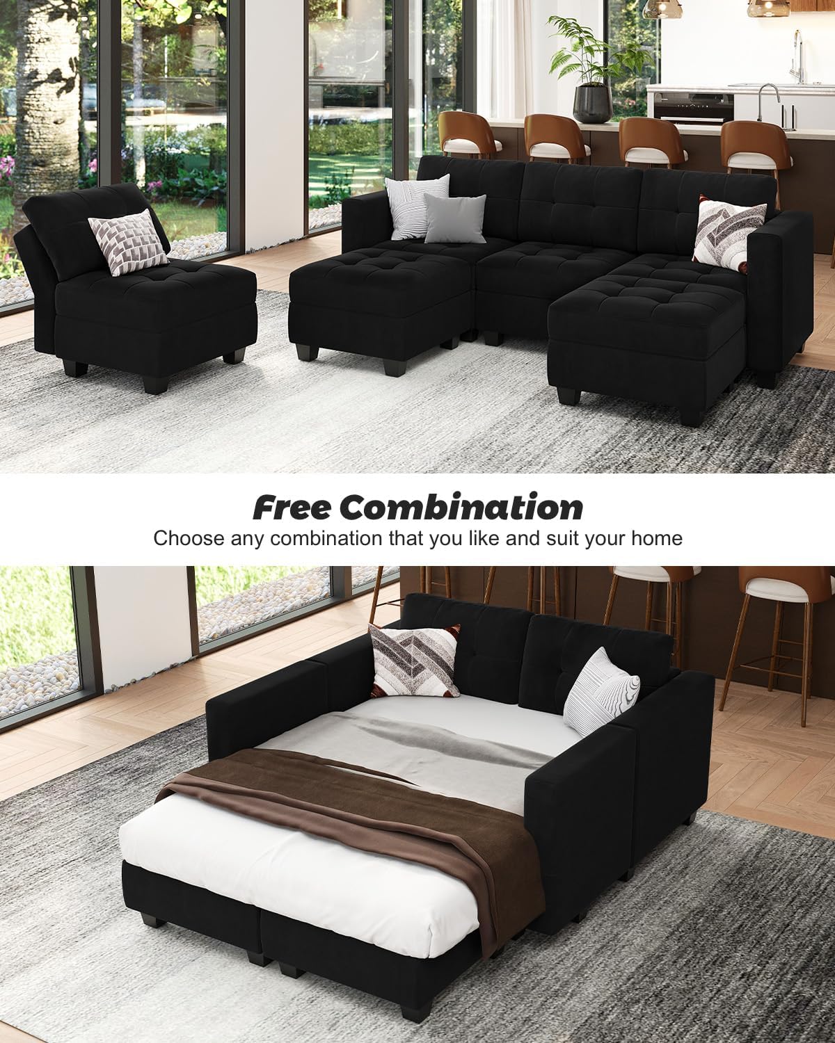 Belffin Modular Sectional Sofa Couch with Storage Seats and Ottomans, Velvet Convertible Sofa with Reversible Chaise, 5 Piece Sofa Sectionals, L Shaped Sleeper Couch, Black