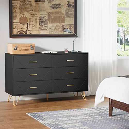 LYNSOM White Dresser, Modern Dresser for Bedroom, 6 Drawer Dressers with Wide Drawers and Metal Handles, Storage Chest of Drawers for Living Room Hallway Entryway