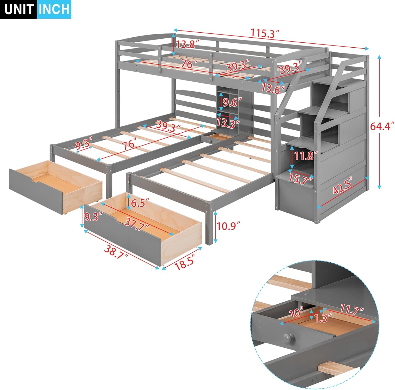 Twin over Twin&Twin Bunk Bed, Triple Bunk Bed with Drawers, Staircase with Storage, Built-in Shelves, Gray