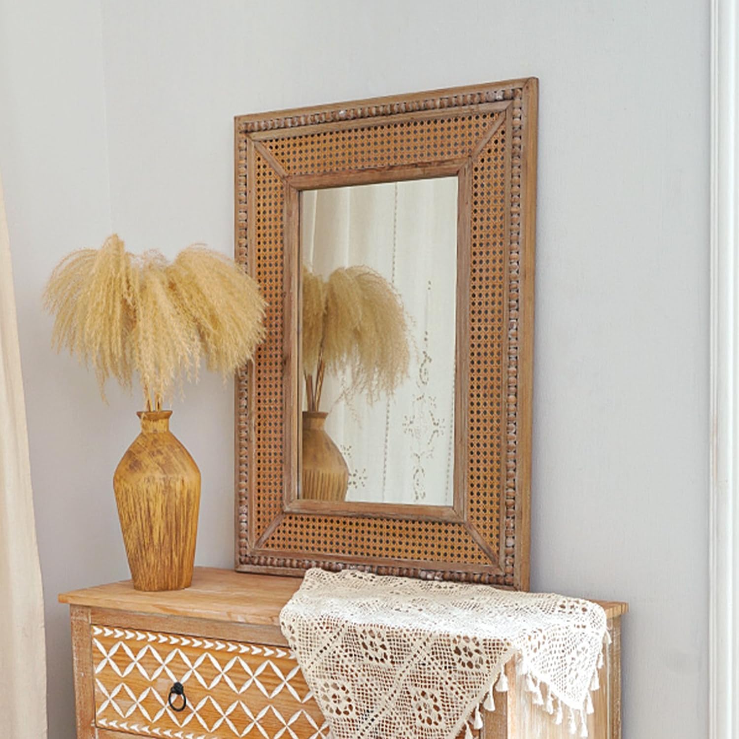 Boho Rattan Wall Mirror Wooden Framed Rectangle Mirror Wood Decorative Farmhouse Hanging Mirror for Bathroom Vanity Entryway Living Room Home Wall Decor - 24.21" x 1.18" x 32.28"