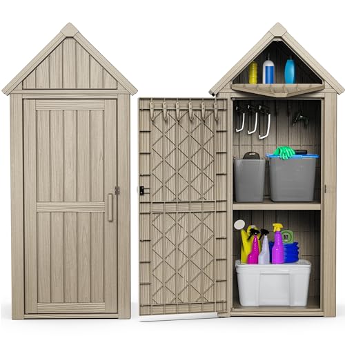 Outdoor Storage Shed,Resin Storage Cabinet with Lockable Door,Removable Shelves,Reinforced Floor,Durable and Weatherproof Shed for Backyard Garden Patio Lawn(Grey)