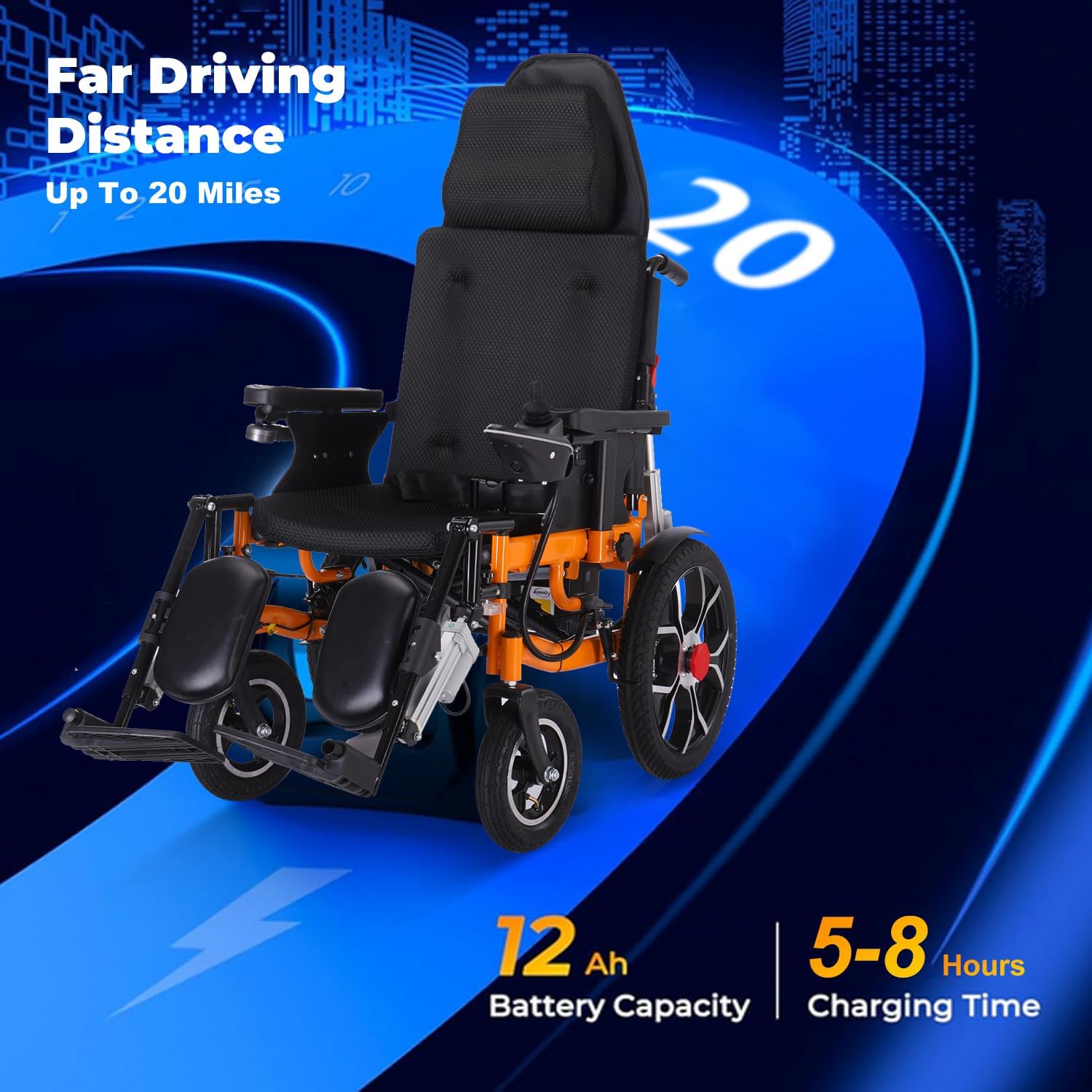 Reclining Electric Wheelchair for Adults Lightweight Foldable,20" Seat Width All Terrain Motorized Wheelchair for Seniors Portable,20 Miles Long Travel Range Power Wheelchair-Airline Approved