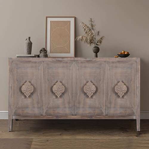 Antique Storage Cabinet Sideboard Buffet Cabinet Cupboard with 4 Carved Flower Handle Doors for Dining Room Living Room Kitchen Hallway (Black)
