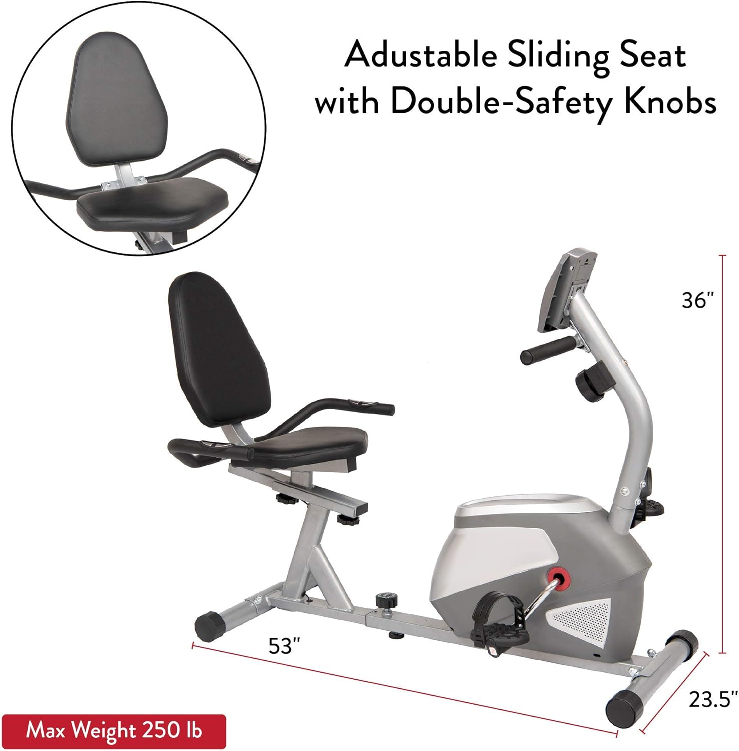 Body Champ Magnetic Recumbent Exercise Bike, Low-Impact Exercise Indoor Cycling Bike for Cardio Fitness, Equipment for Home Gym BRB852, Black/Silver, one Size