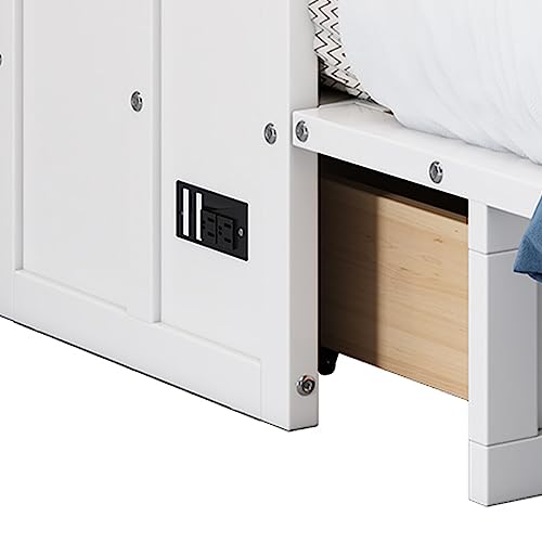 Full Murphy Bed, Full Murphy Cabinet Bed with Storage Drawers, Murphy Bed with Charging Station, Wood Murphy Bed Cabinet Bed, Murphy Bed Chest Murphy Bed Frame Wall Bed for Guest Bedroom, White+Walnut