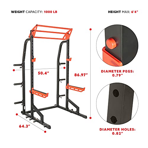 Sunny Health & Fitness Power Zone Half Rack Heavy Duty Performance Power Cage with J-Hooks, Adjustable Pull Up Bar Optional Bench with Dumbbell Rack, Premium Incline Bench, LAT Pull Down Attachment