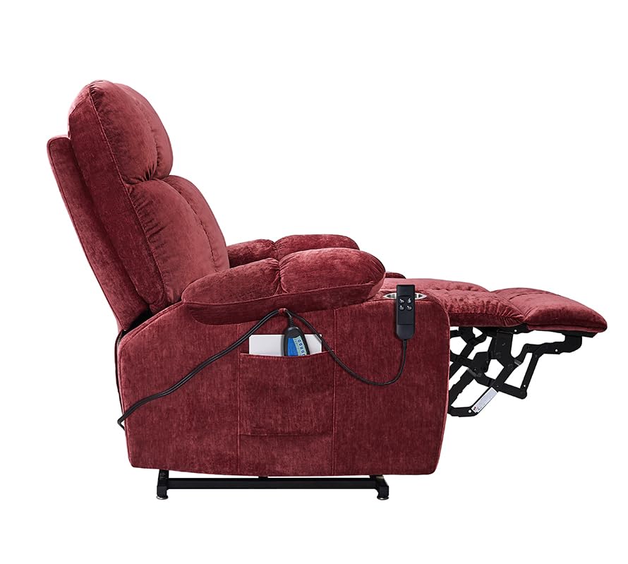 180° Lay Flat Power Lift Recliner Chair with Massage and Heat for Elderly, Dual Motor Upholstered Reclining Sofa with Infinite Position & 2 Side Pockets and Cup Holders for Living Room, Red