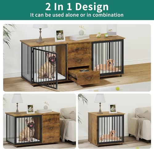 YITAHOME 74" Double Dog Crate Furniture with 2 Feeder Bowls, Wooden Dog Kennel TV Stand with Room Divider for 2 Large Medium Small Dogs, Walnut White