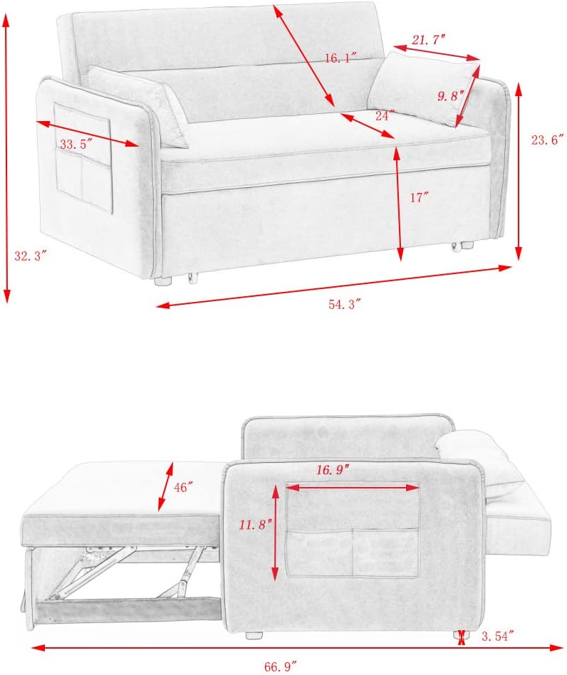 54" Pull Out Sofa Bed with Adjustable Backrest/2 Pillows/Storage Pocket, Velvet Loveseat Sleeper Sofa, Save Space Compact Couch for Living Room and Home Office