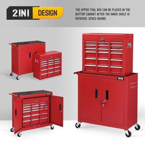 TUFFIOM 5-Drawer Rolling Tool Chest Storage Cabinet w/Drawers, Wheels, Detachable Top & Adjustable Shelf, Mechanic Tool Organizer Box for Garage, Workshop, Warehouse & Repair Shop, Red & Black