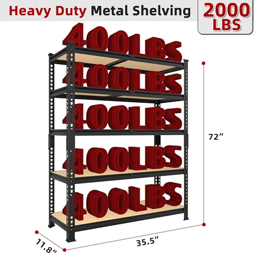 5 Tier Garage Storage Shelves - 32" W x 16" D x 63" H Adjustable Heavy Duty Metal Shelving Unit, Garage Shelving Utility Storage Rack for Basement, Pantry, Kitchen, Black, 2 PCS