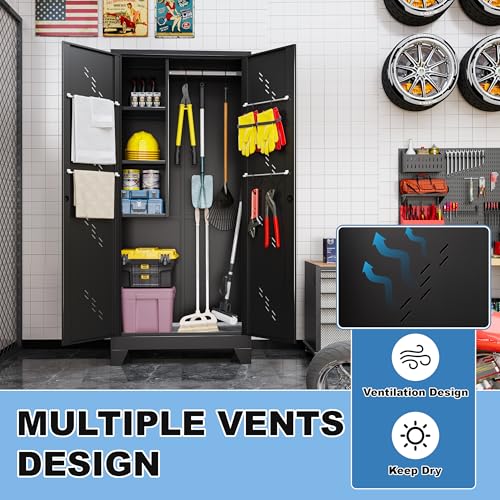 Metal Storage Cabinet with Lockable Doors, 75" Steel Storage Locker Tool Cabinet with Hanging Rod & S-Hooks, Tall Garage Cabinets, Black, 75" H x 33.85" W x 16.53" D