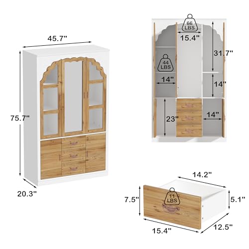 Large Armoire Wardrobe with 5 Wood Doors, 5 Closed Shelves, 1 Hanging Space, 1 Mirror, 2 Shoes Storage Space, 3 Drawers for Bedroom, White (45.7”W x 20.3”D x 75.7”H)