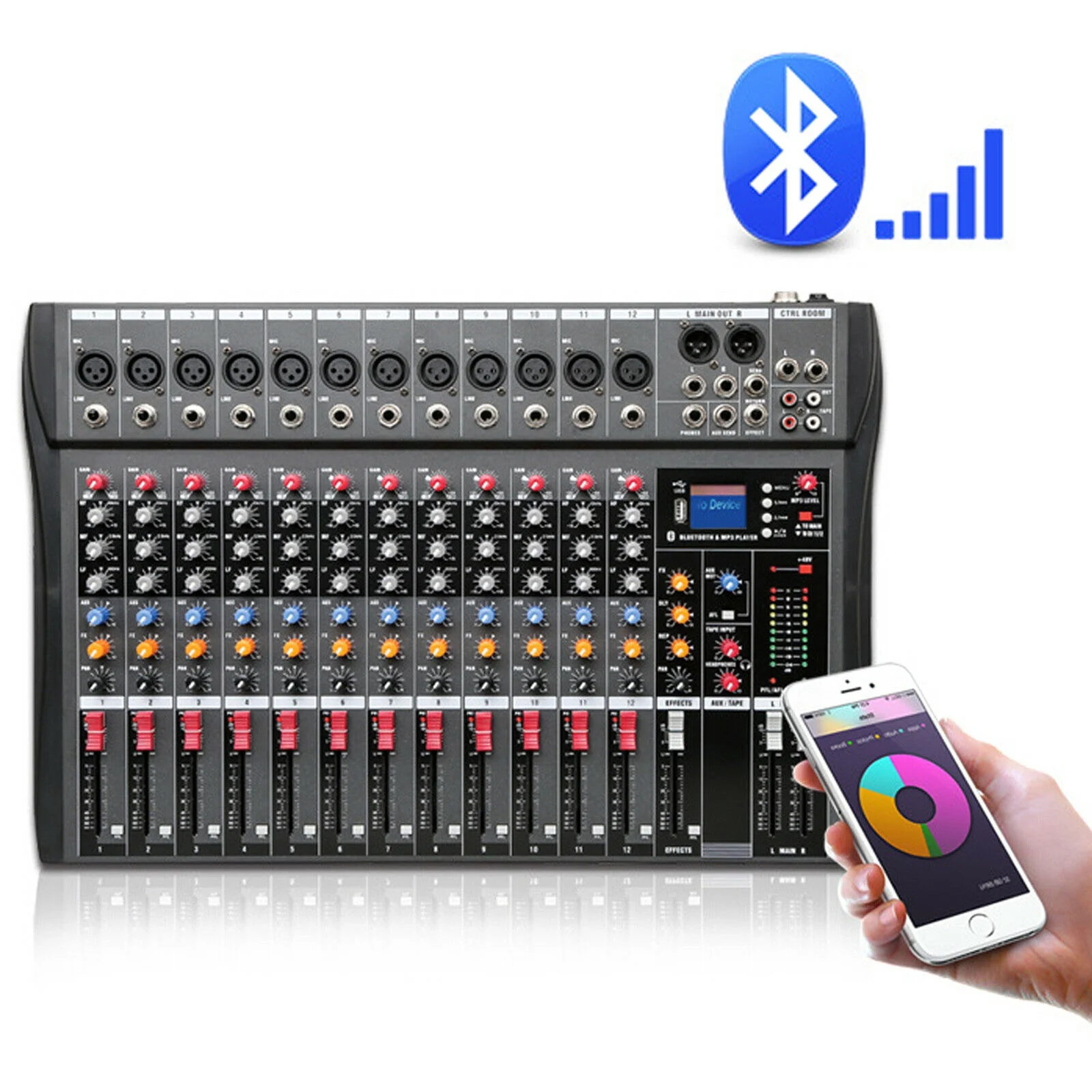 Fichiouy Pro 12Channel Audio Mixer Bluetooth USB DJ Sound Mixing Console Amplifier for Studio KTV