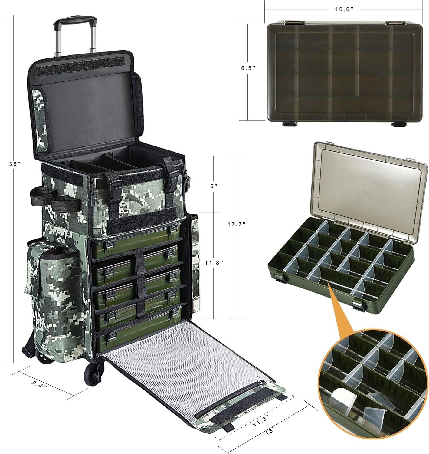 Rolling Fishing Tackle Bags with Rod Holder, Fishing Backpack Removable Wheels and Fishing Cart with Tackle Included, Fishing Gifts for Men, Waterproof Fishing Organizer Pack with Rod Case