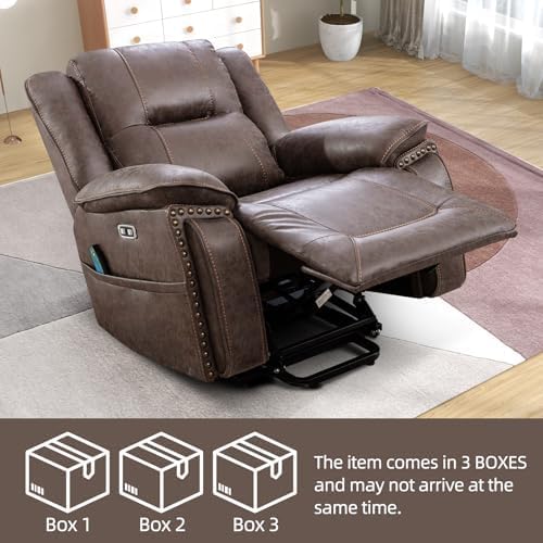 Phoenix Home Dual Motor Power Lift Chair for Elderly, Lift Chairs with Massage and Heat, Leather Electric Chairs for Adults, Recliner Chair with USB, 2 Concealed Cup Holders, Brown