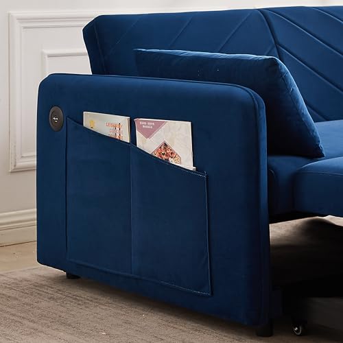 3-in-1 Versatile Velvet Sofa, Convertible Sleeper Sofa Bed with Pullout Bed, Comfy Loveseat with 2 Lumbar Pillows and Side Pocket, for Living Room Bedroom (Green)