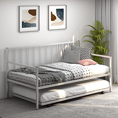 Giantex Twin Daybed with Trundle, Metal Twin Size Daybed with Pullout Trundle w/ 4 Casters, Metal Slat Support Sofa Bed for Kids Teens Adults Living Room, Guest Room, No Box Spring Needed, Silver