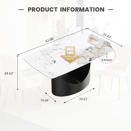 Modern Rectangle Marble Dining Table,63" White Marble Sintered Stone Top Dining Table,Rectangle Dining Room Table with Unique U-Shape Black Carbon Steel Pedestal for Kitchen/Living Room(Table Only)