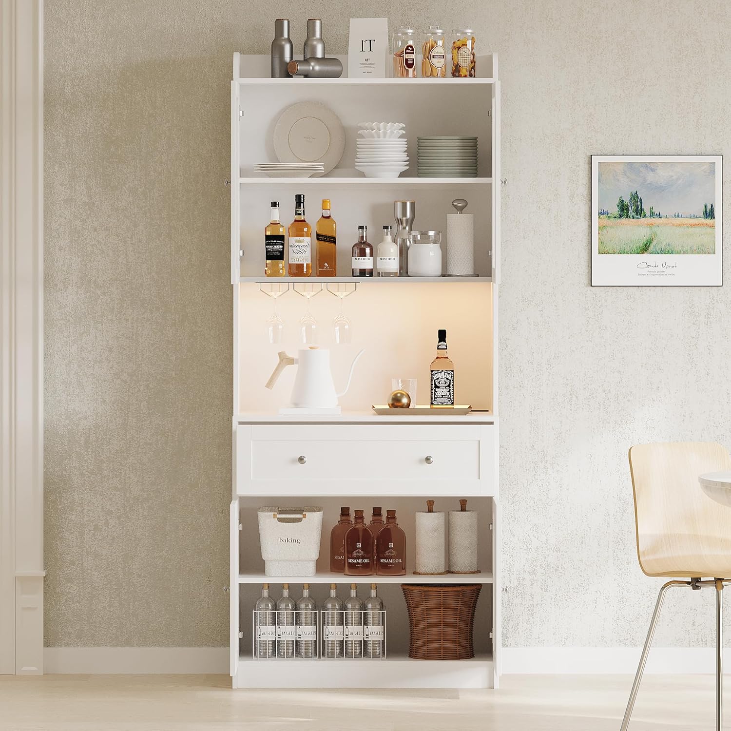 75.2" Pantry Cabinet Kitchen Cabinet with Buffet Cupboard, Kitchen Pantry Storage Cabinet with LED Lights Charging Station, Tall Food Pantry Hutch Organizer,Wood Buffet Sideboard, Buffet Cabinet