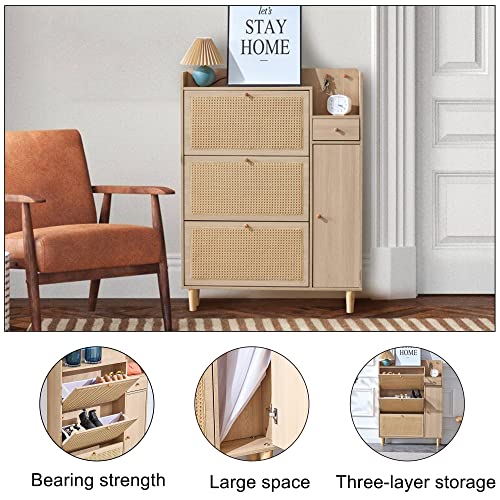 Olela Organizer Shoe Cabinet Storage with Rattan Doors & Adjustable Shelves, Modern Hidden Shoe Rack with 3 Flip Drawers & 2 Small/Large Shelves for Entryway, Front Door Entrance