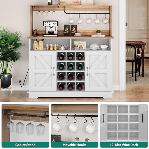 YITAHOME 47" Farmhouse Buffet Cabinet with Storage, Coffee Bar Cabinet with Power Outlet & Goblet Holder, Sideboard Cabinet for Kitchen, Living Room (Black Oak)