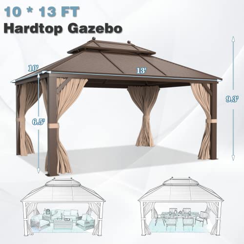 MELLCOM 12'x16' Hardtop Gazebo, Galvanized Steel Metal Double Roof Canopy with Curtains and Netting, Brown Permanent Pavilion Gazebos with Aluminum Frame for Garden, Patio, Lawns, Deck