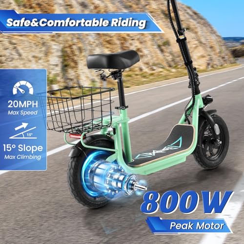 Caroma Peak 800W/1200W Electric Scooter Adults, 30 Miles Max Range, Foldable Electric Scooter with Seat, Front Suspension, Detachable Large Basket,Commuter E-Scooter for Adult and Teens