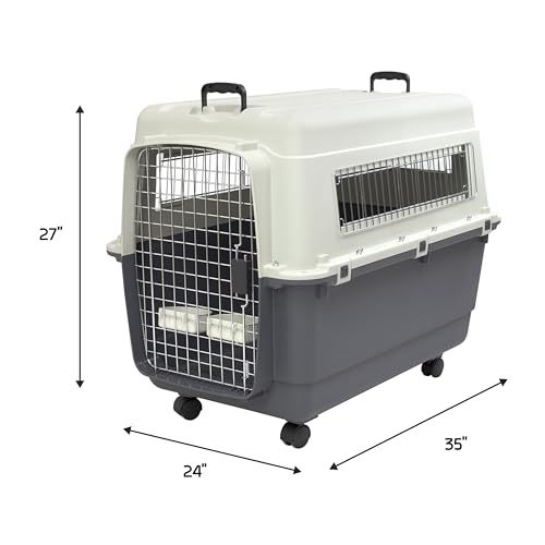 SportPet Designs Plastic Kennels Rolling Plastic Airline Approved Wire Door Travel Dog Crate, XXX-Large, Gray